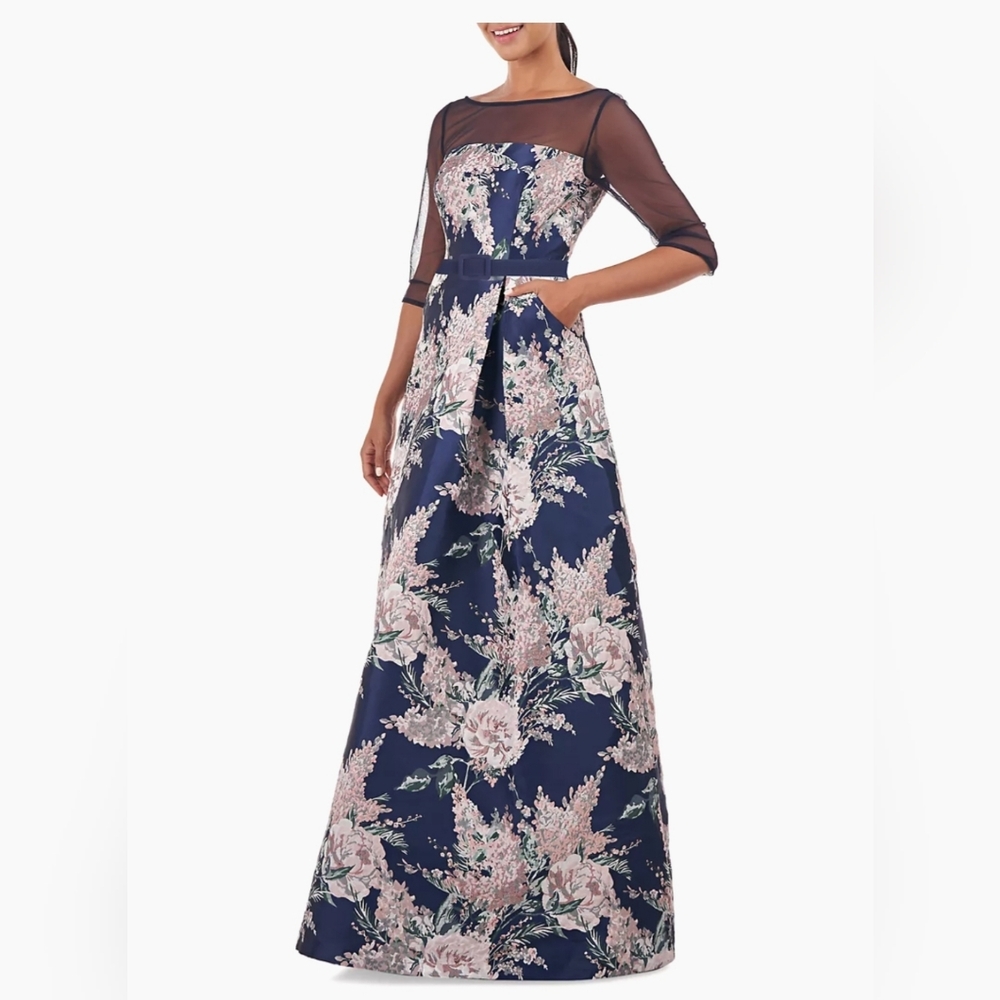 Kay Unger Illusion-Sleeve Jacquard Ball Gown